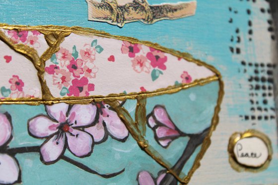 Kintsugi Bowl and Bird Collage with Words