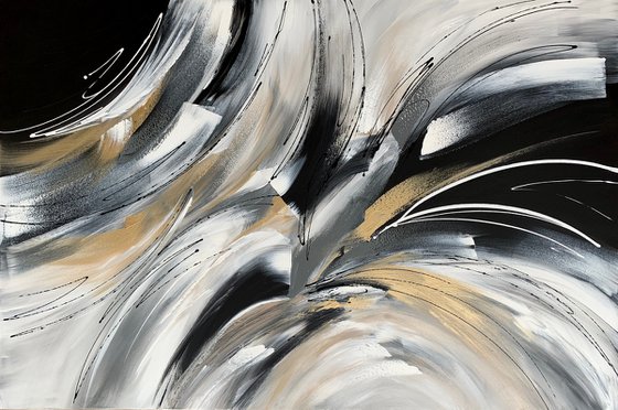 Wild and Free - XL LARGE;  GOLD, BLACK & WHITE ART; MODERN ABSTRACT ART – EXPRESSIONS OF ENERGY AND LIGHT. READY TO HANG!