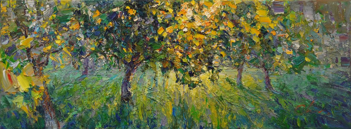 Impressionistic Landscape Oil Painting By Serhii Cherniakovskyi, 31 X 12", Morning Magic, Original Artwork