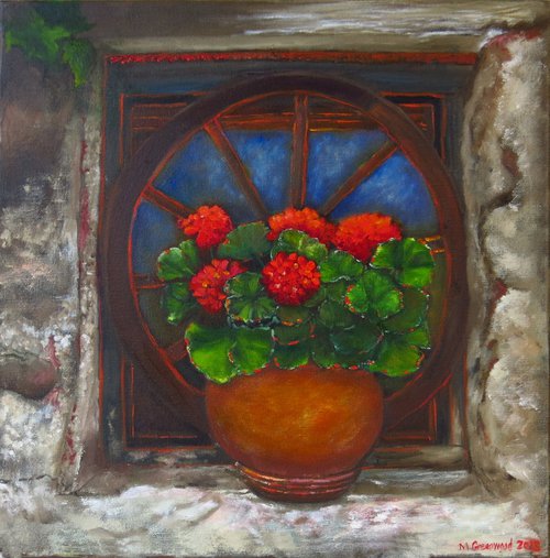 Geraniums in a Window Setting by Maureen Greenwood