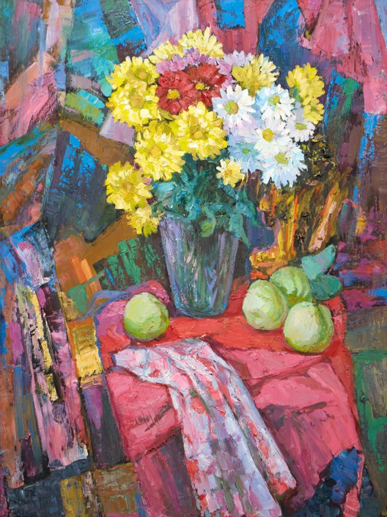 Still life with chrysanthemums - Original oil painting (2017)