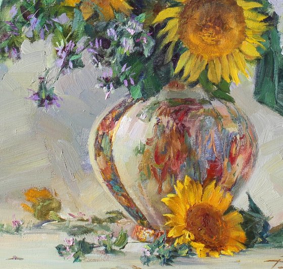 Sunflowers in an antique vase