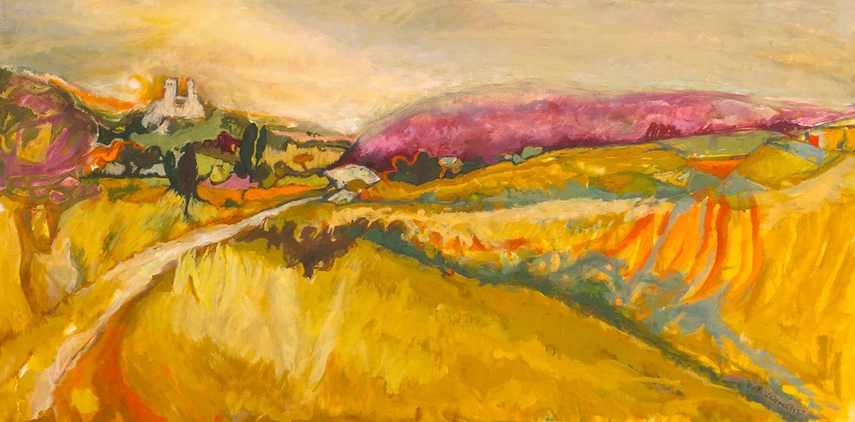 Impressionistic Landscape Oil Painting By Patricia Clements, 40 X 20", Corfe Castle In Dorset, Original Artwork