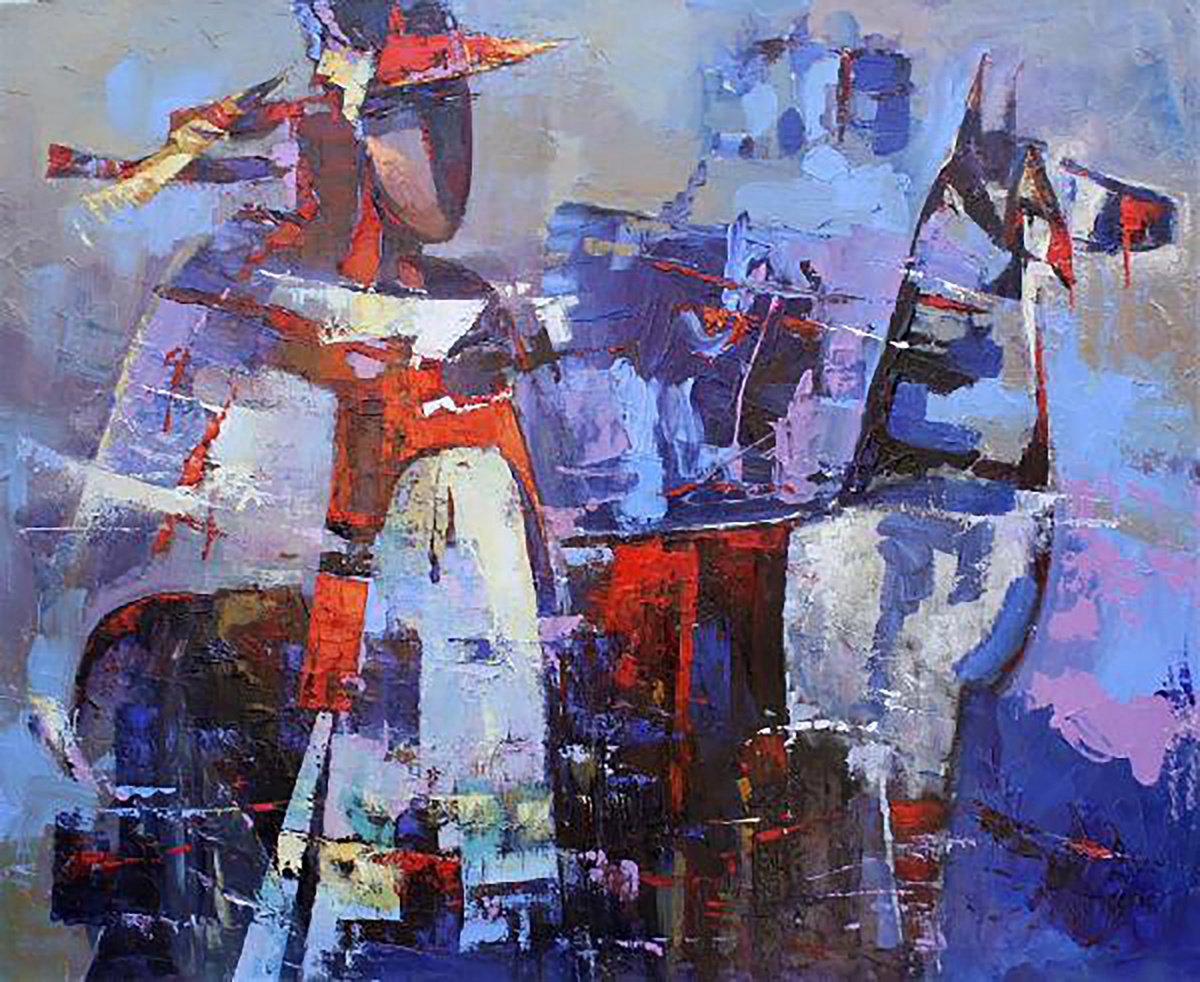 Impressionistic Abstract Oil Painting By Valentina Kozyar, 47 X 37", Evening Rendezvous, Original Artwork