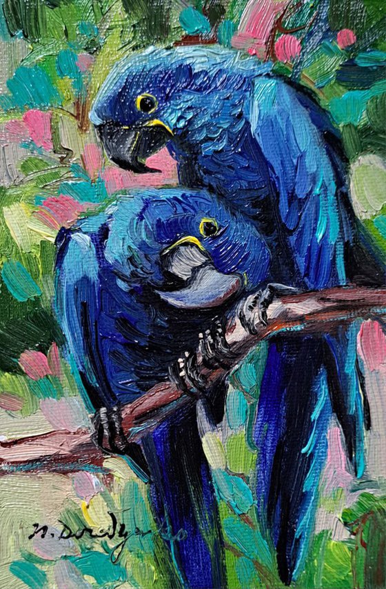 Two parrot oil painting original canvas, Bird couple art in blue frame