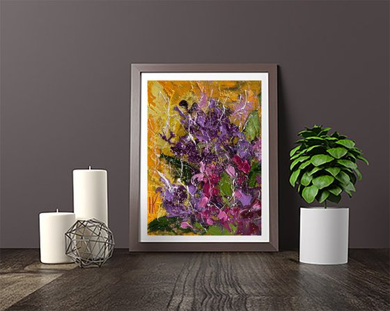 Lilac Painting Impasto Original Art Flowers Small Oil Artwork Floral Wall Art 6 by 8" by Halyna Kirichenko