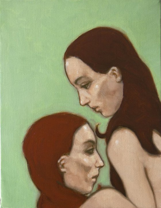 modern portrait of a two women on a green background