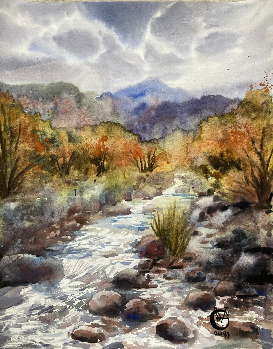 Impressionistic Landscape Watercolour By Valeria Golovenkina, 14 X 18", Mountain River #1, Original Artwork