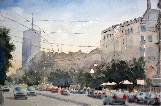 Traffic before hotel Moskva - original watercolor art
