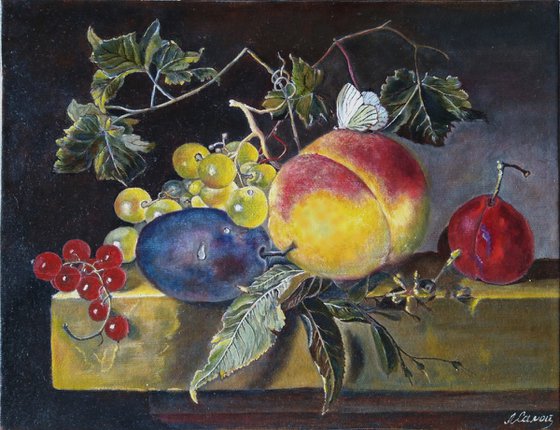 Still life with peach and red currant. Dutch Still Life with Fruits. Original Oil Painting on Canvas. Gorgeous Painting in traditional Old Masters technique.