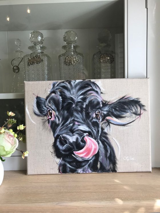Yum Yum! Black cow calf tongue sticking out original oil painting
