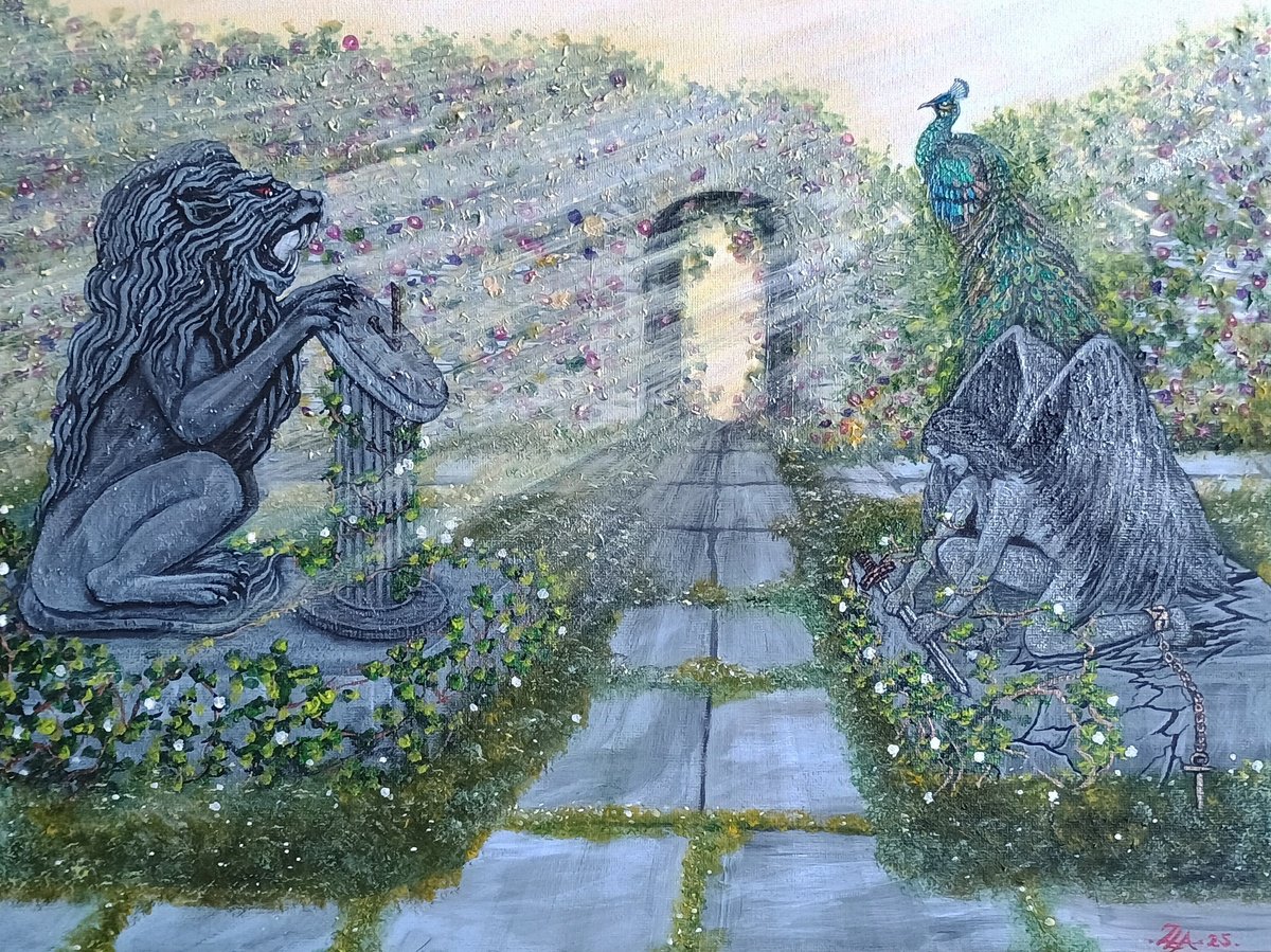 Surrealistic Portrait Acrylic Painting By Zoe Adams, 16 X 12", Lion Heart Garden., Original Artwork