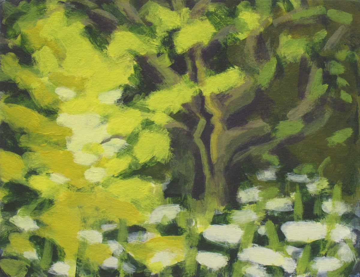 Impressionistic Landscape Acrylic Painting By Hugo Lines, 15 X 13, Trees Along The River Exe 10, Original Artwork