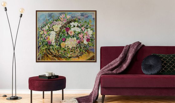 BASKET WITH FESTIVE BOUQUET - large floral art, orginal painting oil on canvas, still-life with flowers, Christmas gift 120x140