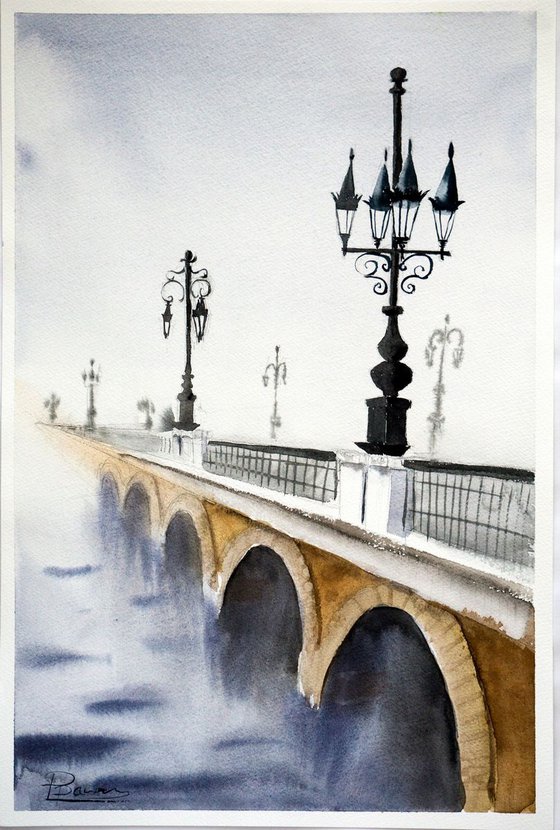Bordeaux France , Stone Bridge. Original Watercolor Painting
