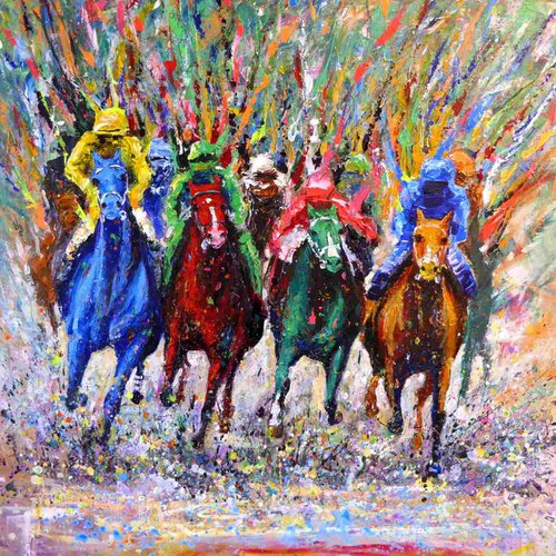 Expressive Horse Race, Acrylic Painting Evoking Energy and Courage by Ion Sheremet