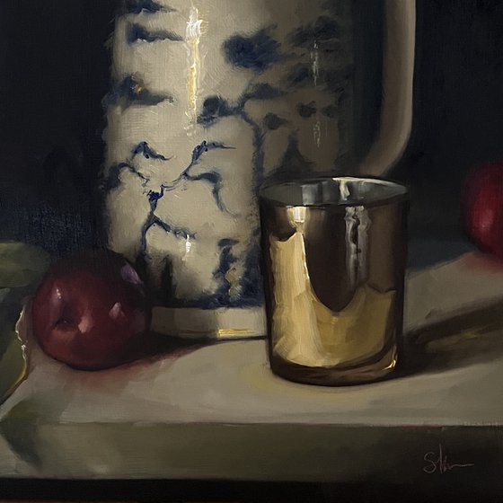 Plums and china jug.