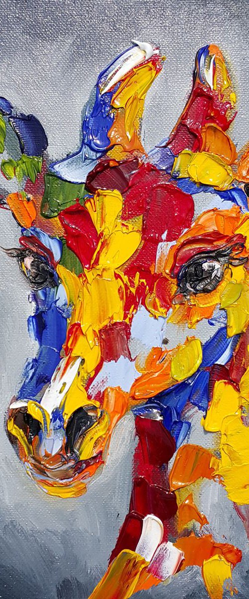 Giraffe - animal, animal face, abstractionism, painting on canvas, gift, animals art, animals oil painting, palette knife by Anastasia Kozorez