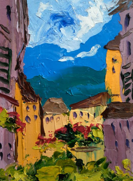 Italy Painting Cityscape Original Art Castle Small Oil Impasto Artwork Old City Home Wall Art 6 by 8" by Halyna Kirichenko