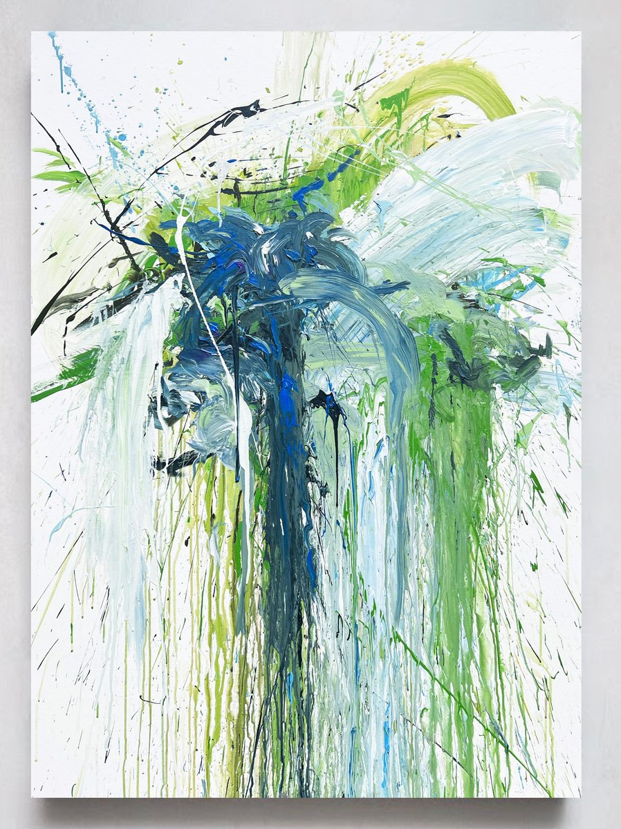 Impressionistic Botanical Acrylic Painting By Rosi Roys, 39 X 55", Blue Flower 2, Original Artwork