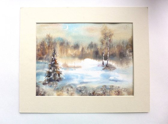 Winter forest in watercolor, Snow landscape, Moon and trees