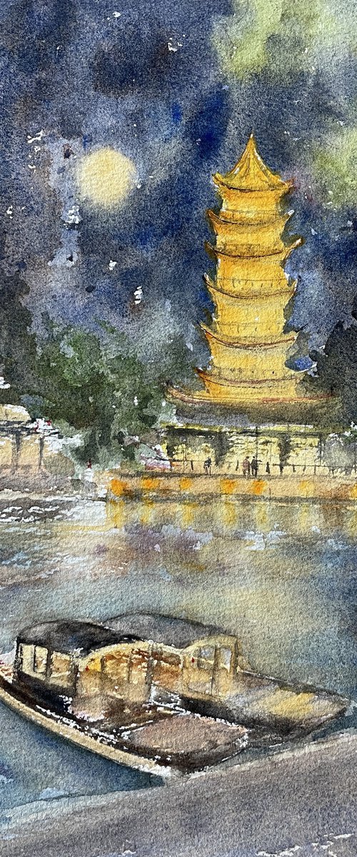 Pagoda and boat by Shelly Du