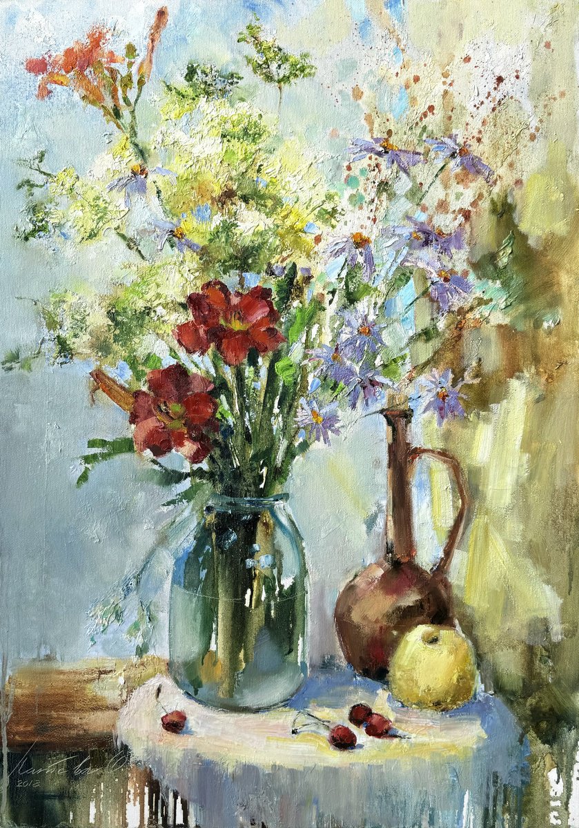 Impressionistic Botanical Oil Painting By Olha Laptieva, 20 X 28", Carpathian Flowers, Original Artwork