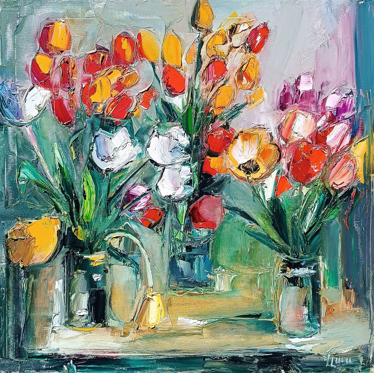 Impressionistic Botanical Oil Painting By Vlas Ayvazyan, 28 X 28", Vibrant Tulip Medley, Original Artwork