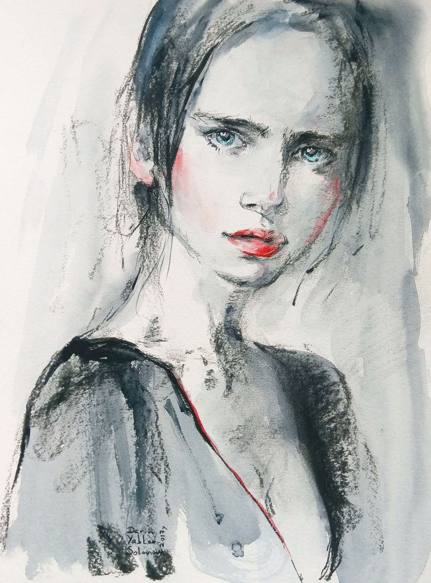 Photorealistic Portrait Charcoal Drawing By Daria Yablon-Soloviova, 12 X 16, Eyes Of Turquoise, Original Artwork