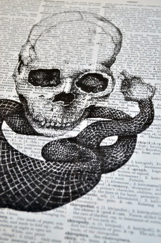 Skull and Snake - Collage Art on Large Real English Dictionary Vintage Book Page