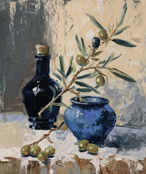 Olive Branch in Blue Vase.