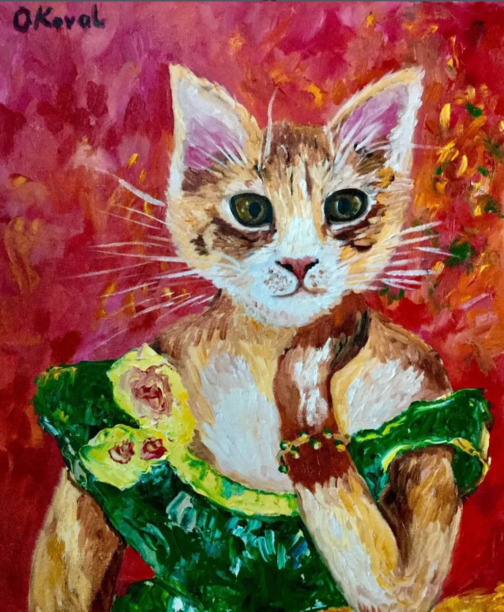 Impressionistic Animal Oil Painting By Olga Koval, 16 X 20", Cat La Madame, Original Artwork