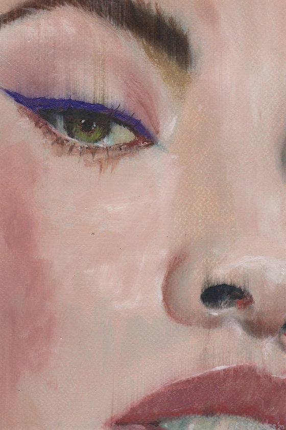 Yessi - beauty oil painting of women female on paper dark purple tones makeup closeup