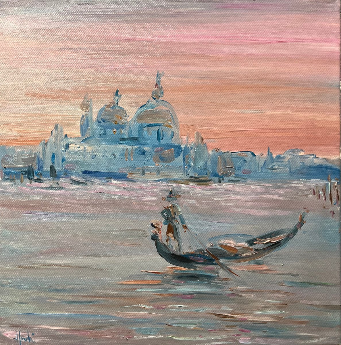 Expressive Landscape Oil Painting By Altin Furxhi, 16 X 16, Dreamy Venice, Original Artwork