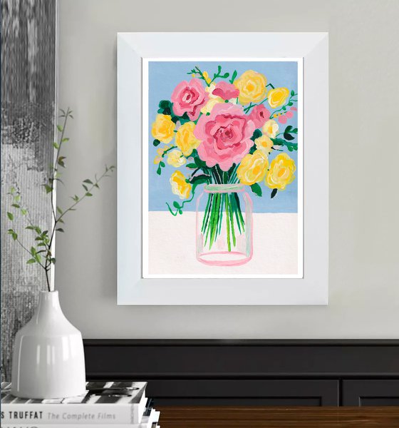 "Bouquet on a blue background 2" modern art, contemporary art, office art, home decor, gift idea. Maximalist Modern Matisse-Inspired