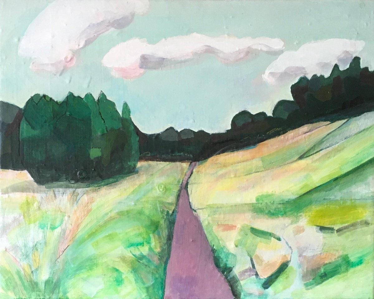 Impressionistic Landscape Acrylic Painting By Chihiro Kinjo, 20 X 16, The Rolling Hill -2, Original Artwork