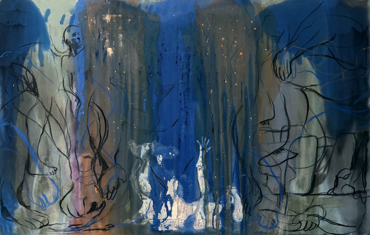 Abstract Portrait Painting By Gela Mikava, 49 X 31, Blue Abstract, Original Artwork