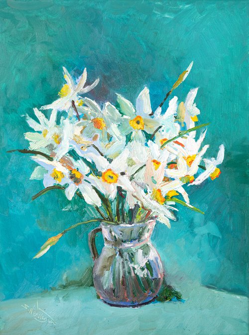 White Daffodil Flowers withTurquoise Background by Suren Nersisyan