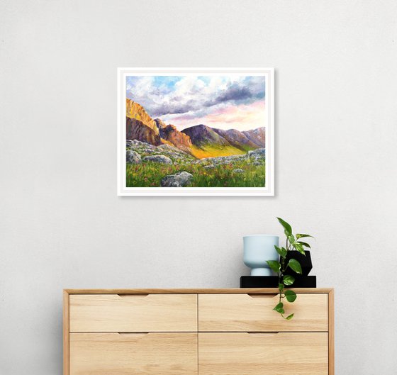 Mountain landscape. Impressionist mountain view, oil painting on canvas