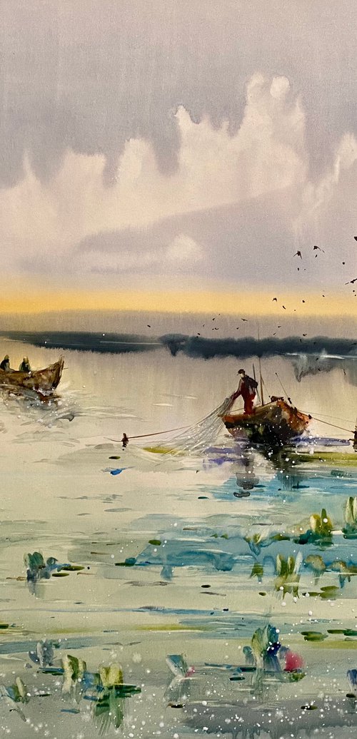 Watercolor “Fishing early morning” gift for him by Iulia Carchelan