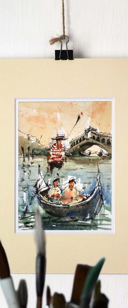 Gondolier in Venice, Ink and watercolor impressionist urbansketch painting. by Marin Victor