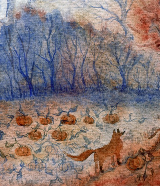 Original watercolor autumn inspired fox and pumpkins illustration