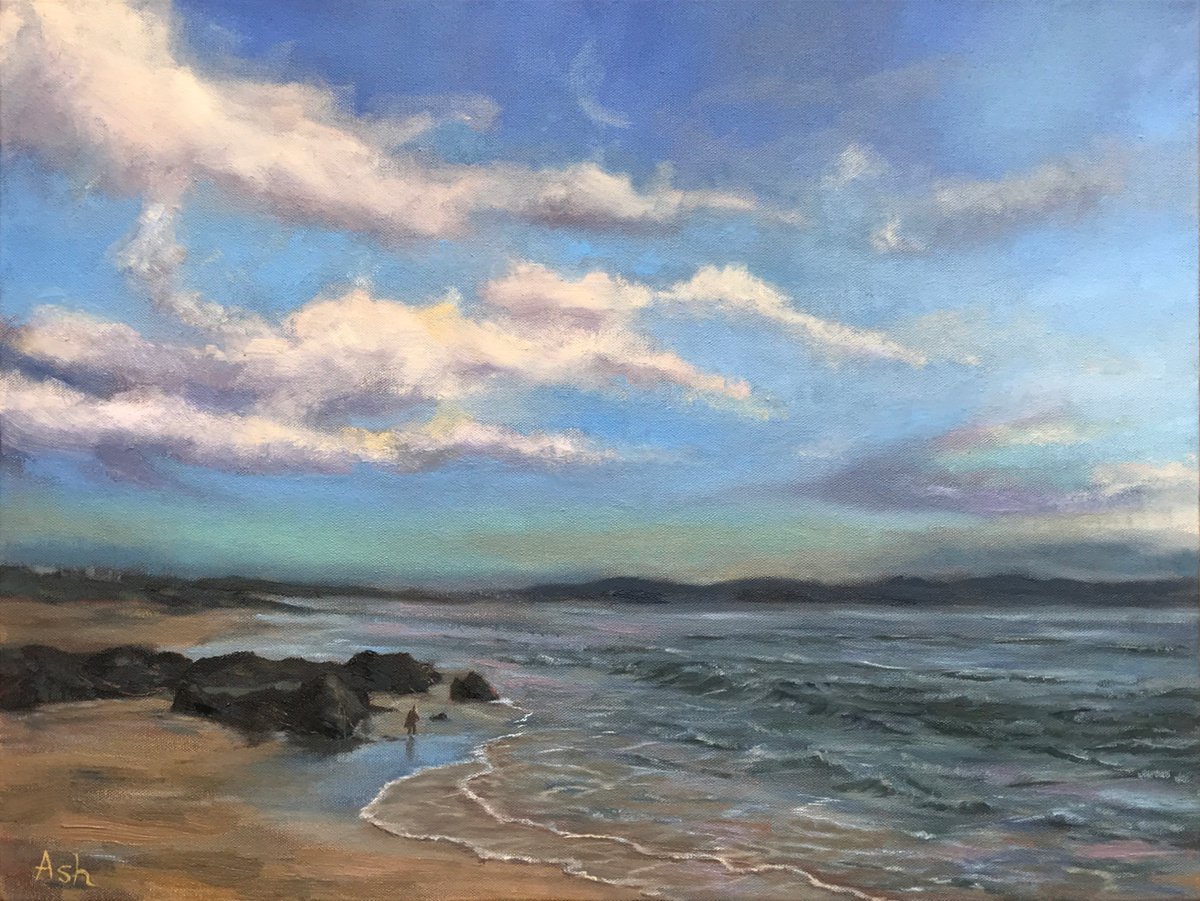 Impressionistic Landscape Oil Painting By Ashley Baldwin-Smith, 24 X 18, Morning Walk Along The Beach, Original Artwork