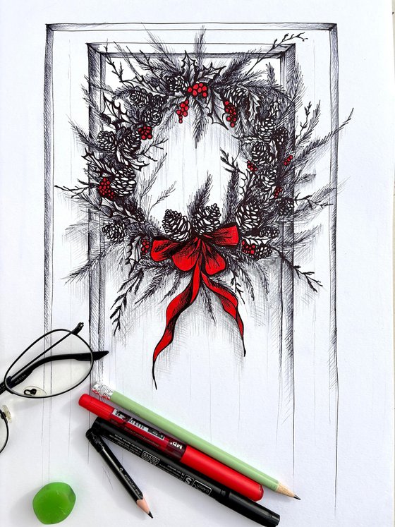 CHRISTMAS WREATH WITH A RED RIBBON