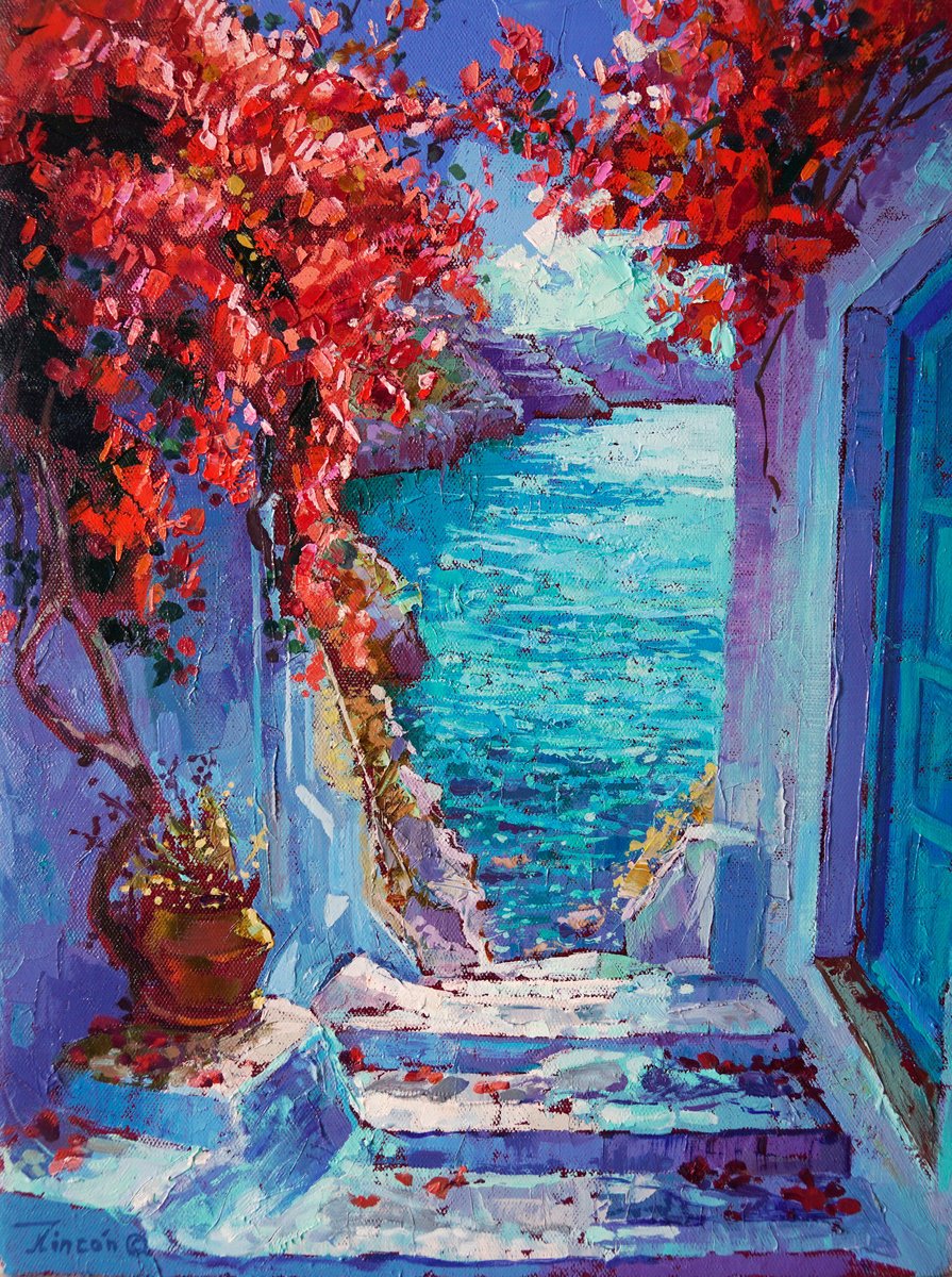 Impressionistic Landscape Oil Painting By Luis Rincon, 12 X 16", Greek Stairway To Sea, Original Artwork