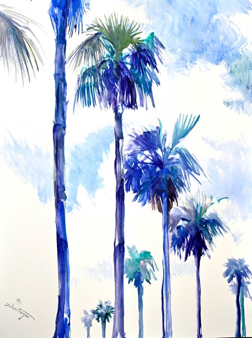 Palm Trees From California., Blue tropical BEach painting by Suren Nersisyan