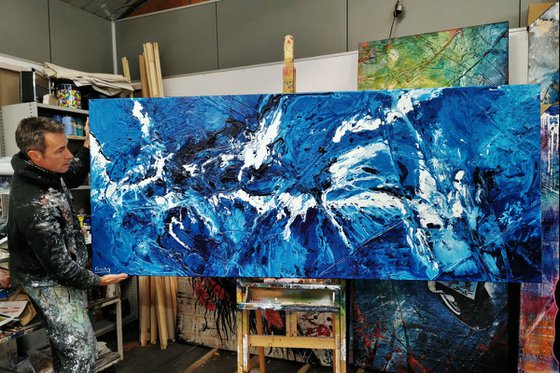 Molten Blue 240cm x 100cm Blue White Abstract Art