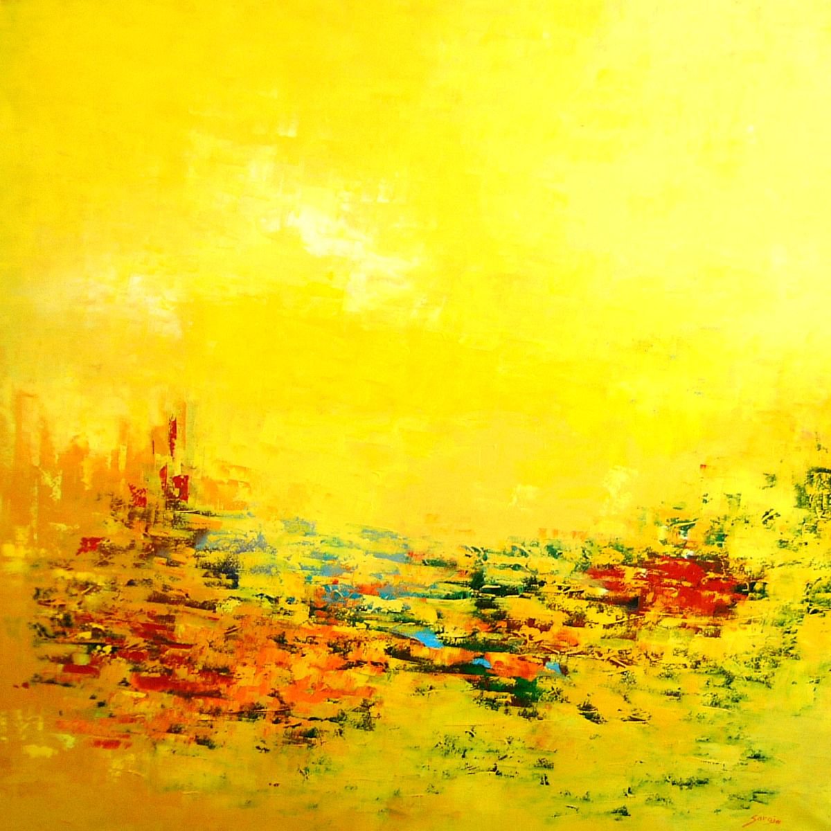Abstract Landscape Oil Painting By Saroja Van Der Stegen, 37 X 37", Yellow (Ref#:1032-90Q), Original Artwork