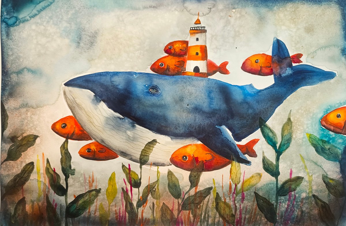 Surrealistic Landscape Watercolour By Evgenia Smirnova, 22 X 15, Caravan Of The Sea, Original Artwork