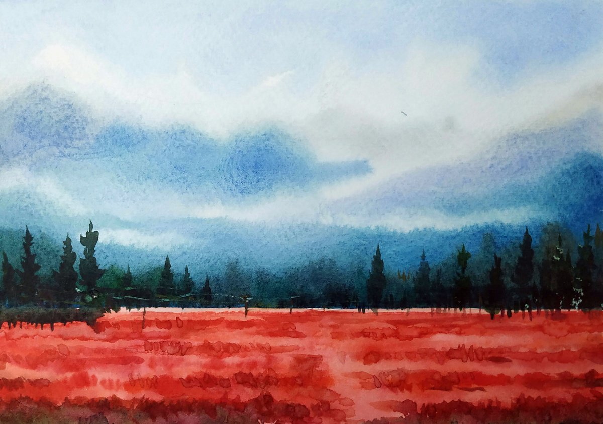 Impressionistic Landscape Watercolour By Samiran Sarkar, 8 X 6", Mountain & Flower Valley, Original Artwork